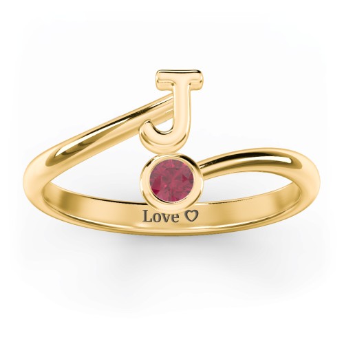 Initial & Birthstone Bypass Ring – 18K Gold Plated Silver with Ruby