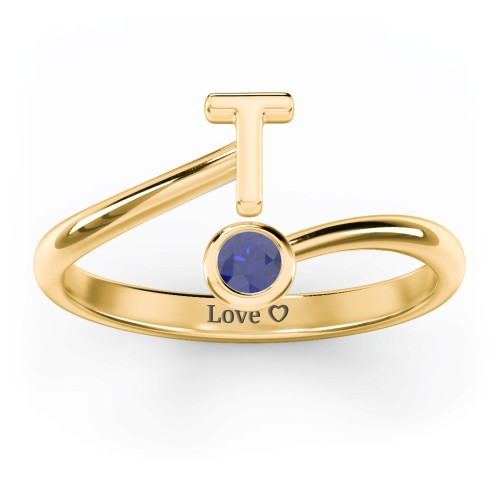 Initial & Birthstone Bypass Ring – 18K Gold Plated Silver with Blue Sapphire