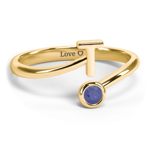 Initial & Birthstone Bypass Ring – 18K Gold Plated Silver with Blue Sapphire