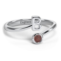 Initial & Birthstone Bypass Ring in 925 Sterling Silver with Garnet