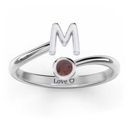 Initial & Birthstone Bypass Ring – Sterling Silver with Garnet