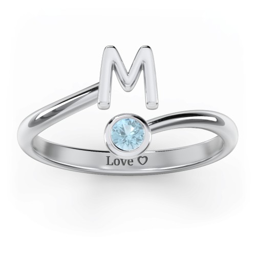 Initial & Birthstone Bypass Ring – Sterling Silver with Blue Topaz