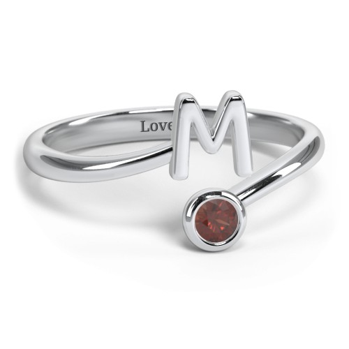 Initial & Birthstone Bypass Ring – Sterling Silver with Garnet