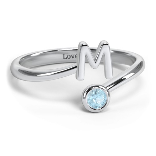 Initial & Birthstone Bypass Ring – Sterling Silver with Blue Topaz