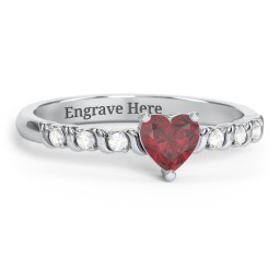 Solitaire Heart Gemstone Ring with Side Accent Stones in 925 Sterling Silver with Ruby and Cubic Zirconia