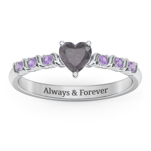 Solitaire Heart Gemstone Ring with Side Accent Stones – Sterling Silver with Alexandrite and Amethyst