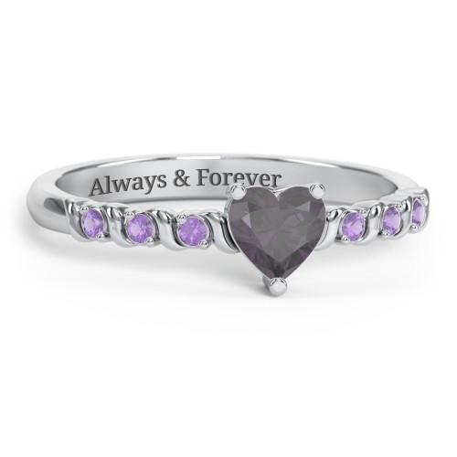 Solitaire Heart Gemstone Ring with Side Accent Stones – Sterling Silver with Alexandrite and Amethyst