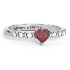 Solitaire Heart Gemstone Ring with Side Accent Stones – 10K White Gold with Ruby and Cubic Zirconia