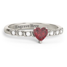 Solitaire Heart Gemstone Ring with Side Accent Stones in 10K Solid White Gold with Ruby and Cubic Zirconia