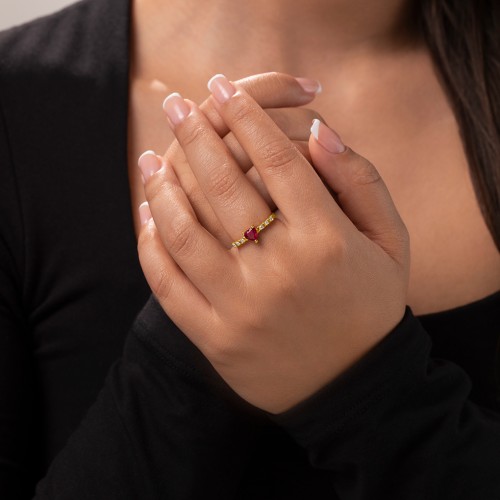 Solitaire Heart Gemstone Ring with Side Accent Stones – 10K White Gold with Ruby and Cubic Zirconia