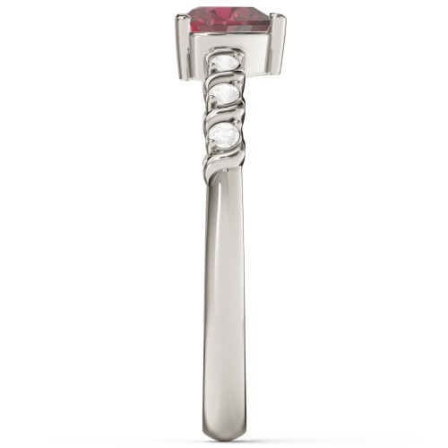Solitaire Heart Gemstone Ring with Side Accent Stones – 10K White Gold with Ruby and Cubic Zirconia
