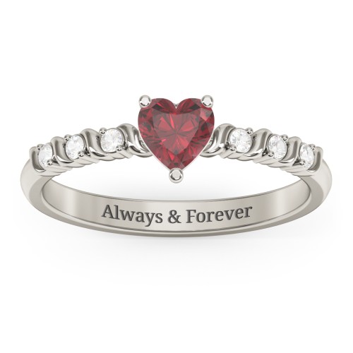 Solitaire Heart Gemstone Ring with Side Accent Stones – 10K White Gold with Ruby and Cubic Zirconia