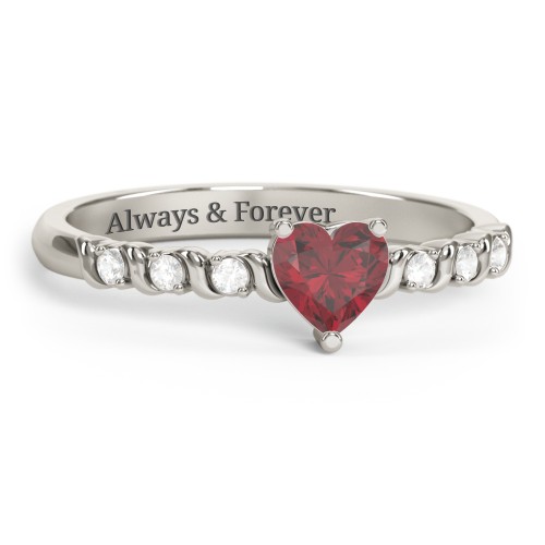 Solitaire Heart Gemstone Ring with Side Accent Stones – 10K White Gold with Ruby and Cubic Zirconia