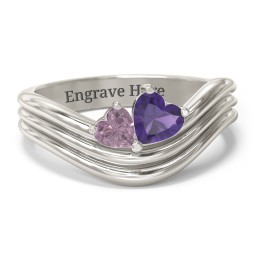 Double Heart Wave Birthstone Ring in 10K Solid White Gold with Alexandrite and Amethyst