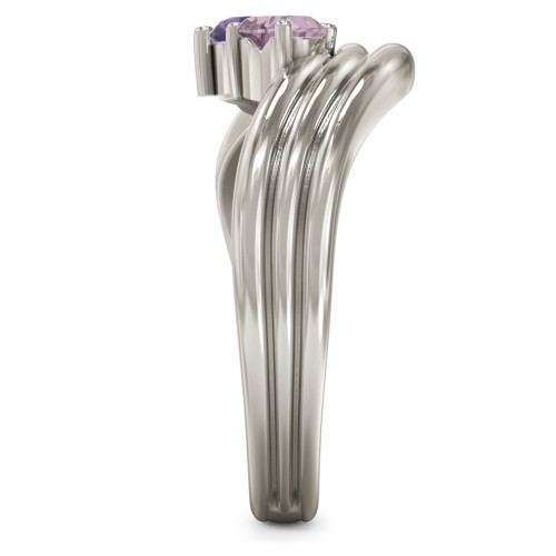 Double Heart Wave Birthstone Ring – 10K White Gold with Alexandrite and Amethyst