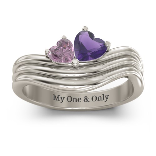 Double Heart Wave Birthstone Ring – 10K White Gold with Alexandrite and Amethyst