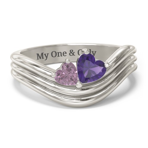 Double Heart Wave Birthstone Ring – 10K White Gold with Alexandrite and Amethyst