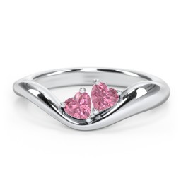 Tilted Double Heart Gemstone Ring with Curved Band