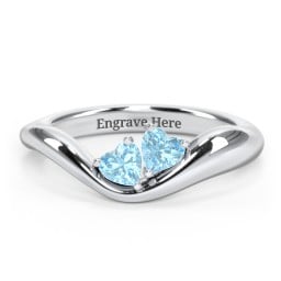 Tilted Double Heart Gemstone Ring with Curved Band