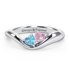Tilted Double Heart Gemstone Ring with Curved Band – 10K White Gold with Blue Topaz and Pink Tourmaline