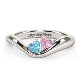 Tilted Double Heart Gemstone Ring with Curved Band in 10K Solid White Gold with Blue Topaz and Pink Tourmaline