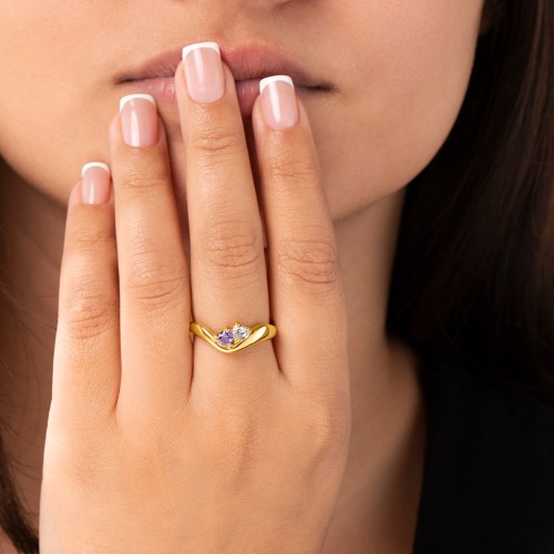 Tilted Double Heart Gemstone Ring with Curved Band – 10K White Gold with Blue Topaz and Pink Tourmaline