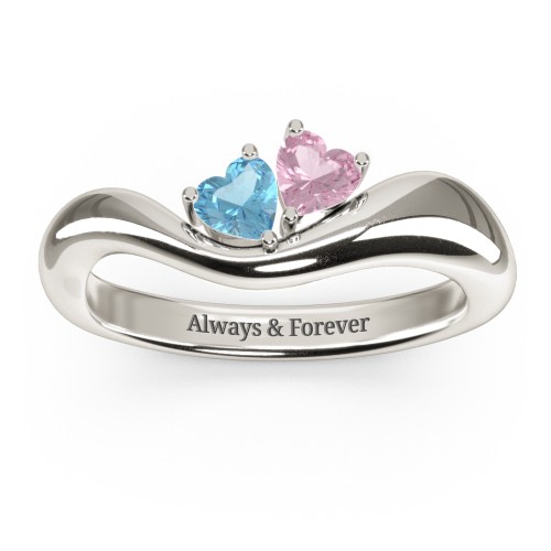 Tilted Double Heart Gemstone Ring with Curved Band – 10K White Gold with Blue Topaz and Pink Tourmaline
