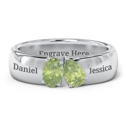 Toi et Moi Oval and Pear Gemstone Ring with Wide Band in 925 Sterling Silver with Peridot