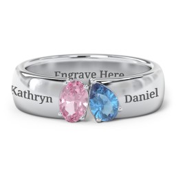 Toi et Moi Oval and Pear Gemstone Ring with Wide Band in 925 Sterling Silver with Pink Tourmaline and Blue Topaz