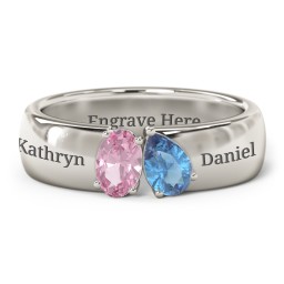 Toi et Moi Oval and Pear Gemstone Ring with Wide Band in 10K Solid White Gold with Pink Tourmaline and Blue Topaz