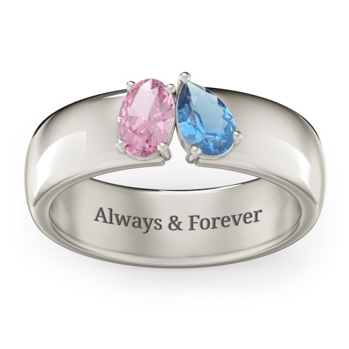 Toi et Moi Oval and Pear Gemstone Ring with Wide Band – 10K White Gold with Pink Tourmaline and Blue Topaz