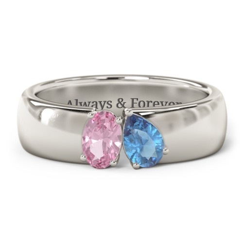 Toi et Moi Oval and Pear Gemstone Ring with Wide Band – 10K White Gold with Pink Tourmaline and Blue Topaz
