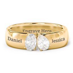 Toi et Moi Oval and Pear Gemstone Ring with Wide Band in 10K Solid Yellow Gold with White Sapphire and Cubic Zirconia