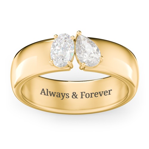 Toi et Moi Oval and Pear Gemstone Ring with Wide Band – 10K Yellow Gold with White Sapphire and Cubic Zirconia