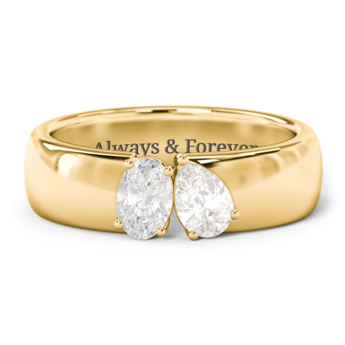 Toi et Moi Oval and Pear Gemstone Ring with Wide Band – 10K Yellow Gold with White Sapphire and Cubic Zirconia