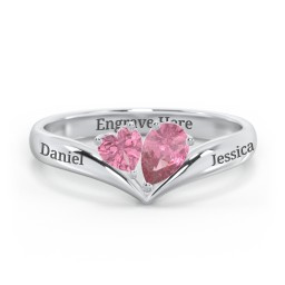 Toi et Moi Heart and Pear Gemstone Ring with V-Shape Band