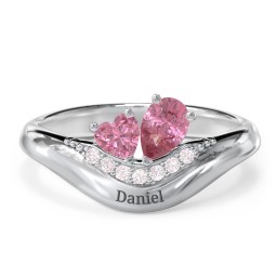 Toi et Moi Heart and Pear Gemstone Ring with Curved Band and Accent Stones