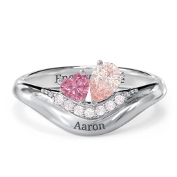 Toi et Moi Heart and Pear Gemstone Ring with Curved Band and Accent Stones