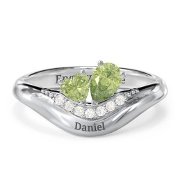 Toi et Moi Heart and Pear Gemstone Ring with Curved Band and Accent Stones