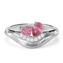Toi et Moi Heart and Pear Gemstone Ring with Curved Band and Accent Stones