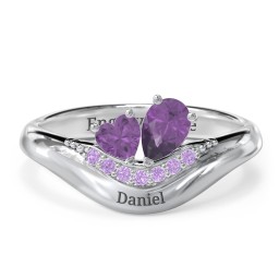 Toi et Moi Heart and Pear Gemstone Ring with Curved Band and Accent Stones
