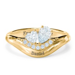 Toi et Moi Heart and Pear Gemstone Ring with Curved Band and Accent Stones in 18K Gold Plated Silver with Aquamarine and Fancy Blue Premium Zirconia