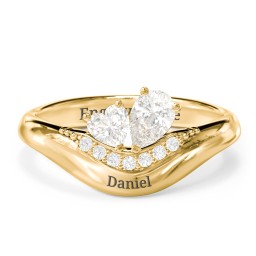 Toi et Moi Heart and Pear Gemstone Ring with Curved Band and Accent Stones in 10K Solid Yellow Gold with Cubic Zirconia and White Premium Zirconia
