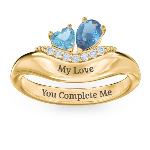 Toi et Moi Heart and Pear Gemstone Ring with Curved Band and Accent Stones – 10K Yellow Gold with Blue Topaz and Fancy Blue Premium Zirconia