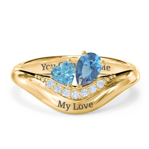 Toi et Moi Heart and Pear Gemstone Ring with Curved Band and Accent Stones – 10K Yellow Gold with Blue Topaz and Fancy Blue Premium Zirconia