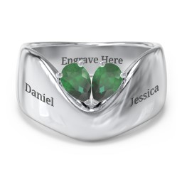Toi et Moi Pear Gemstone Ring with Wide Curved Band in 925 Sterling Silver with Emerald