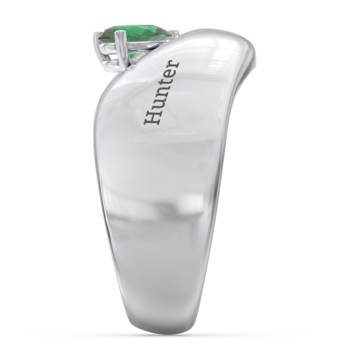 Toi et Moi Pear Gemstone Ring with Wide Curved Band – Sterling Silver with Emerald
