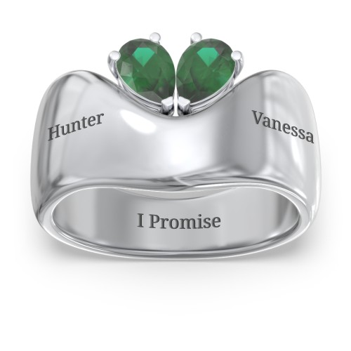 Toi et Moi Pear Gemstone Ring with Wide Curved Band – Sterling Silver with Emerald