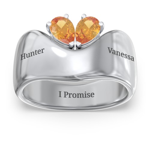 Toi et Moi Pear Gemstone Ring with Wide Curved Band – Sterling Silver with Citrine