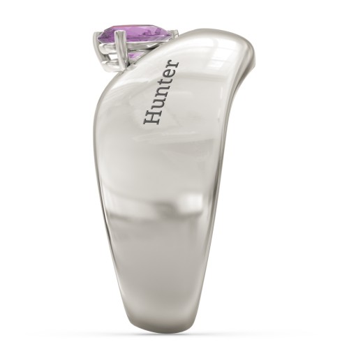 Toi et Moi Pear Gemstone Ring with Wide Curved Band – 10K White Gold with Amethyst and Ruby